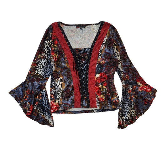 Fashion Flair Y2K Floral Lace Up Flared Sleeve Top Women's UK Size XL