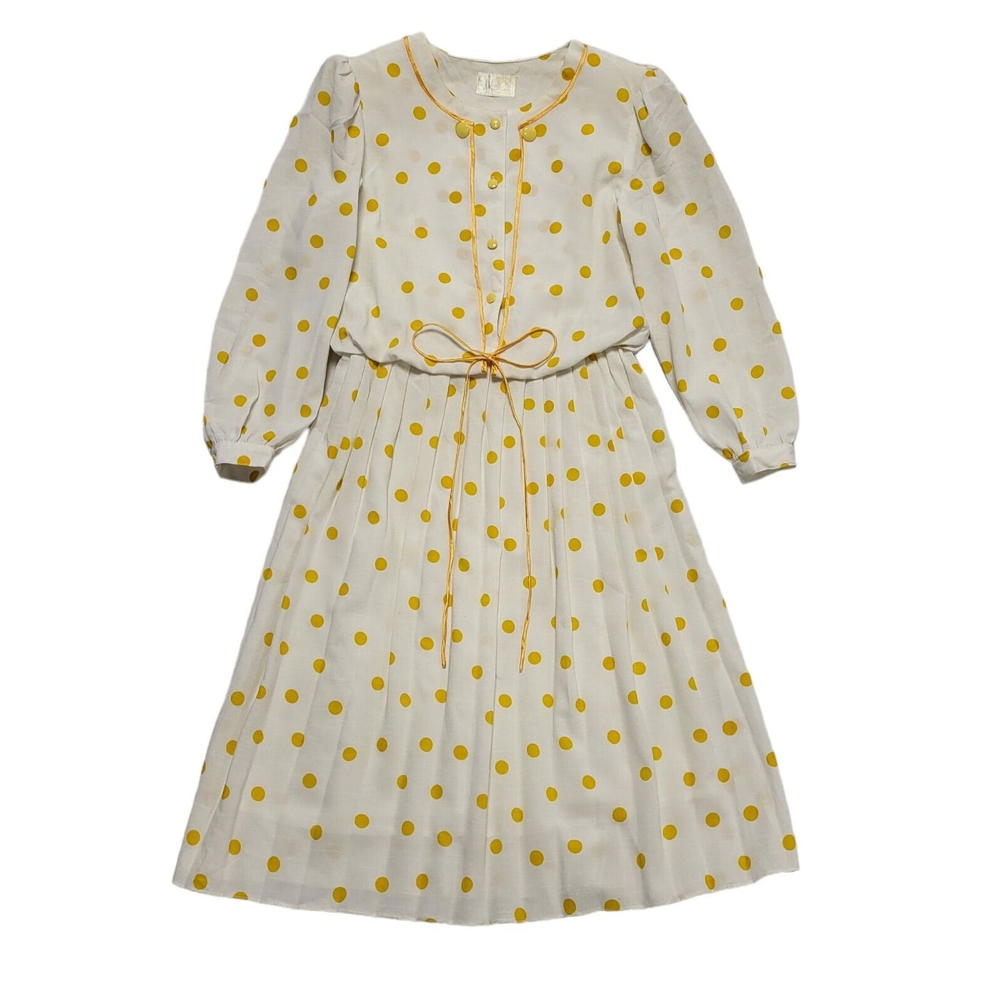 70s Vintage Dame Paris White Mustard Polka Dot Buttone Pleated Dress Women's 12