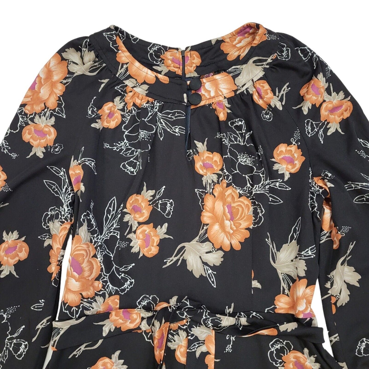 70s Vintage Black Floral Belted Balloon Sleeve A-Line Dress Women's 12