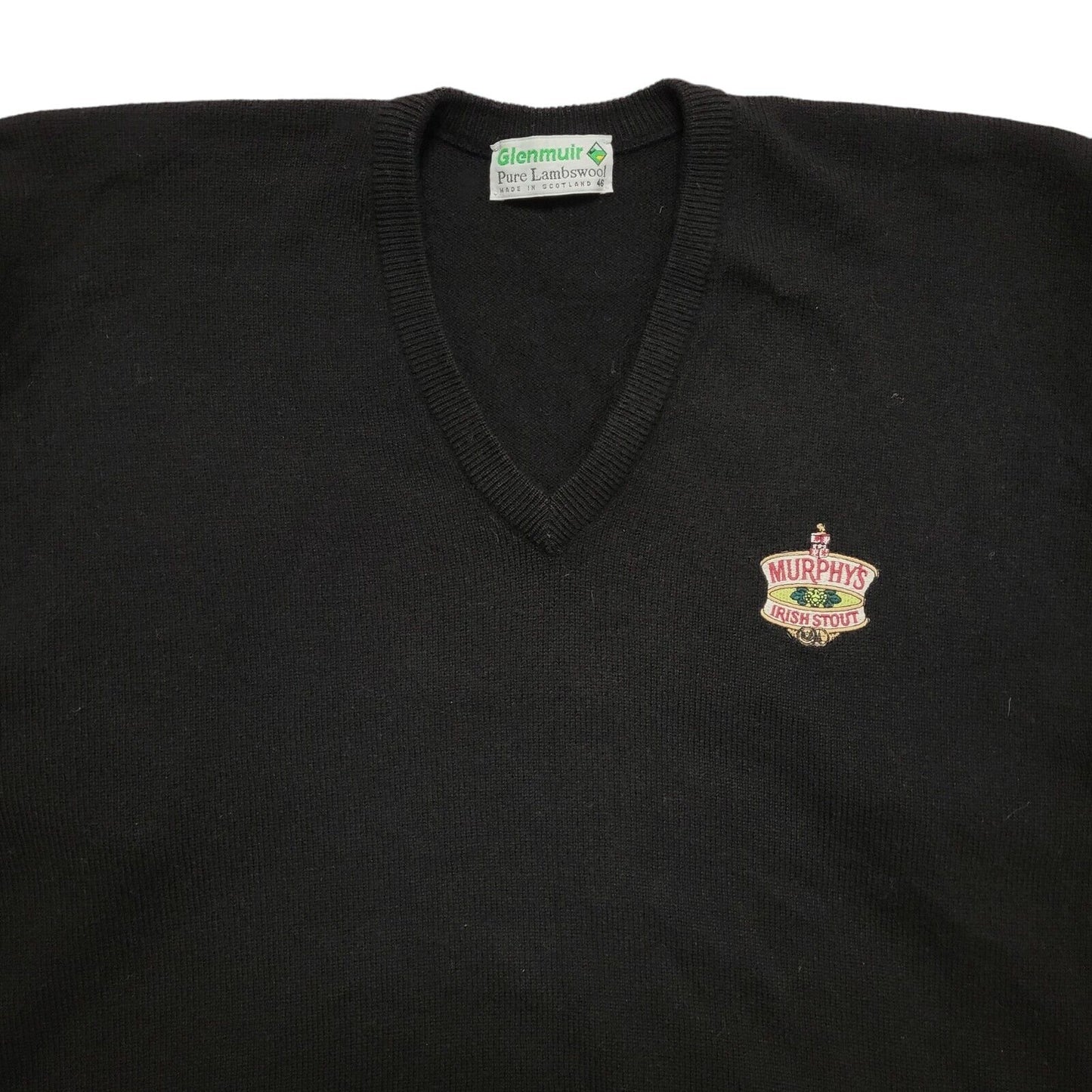 Glenmuir 90's Jumper Black Irish Stout Argyle V-Neck Long Sleeve Mens UK XL