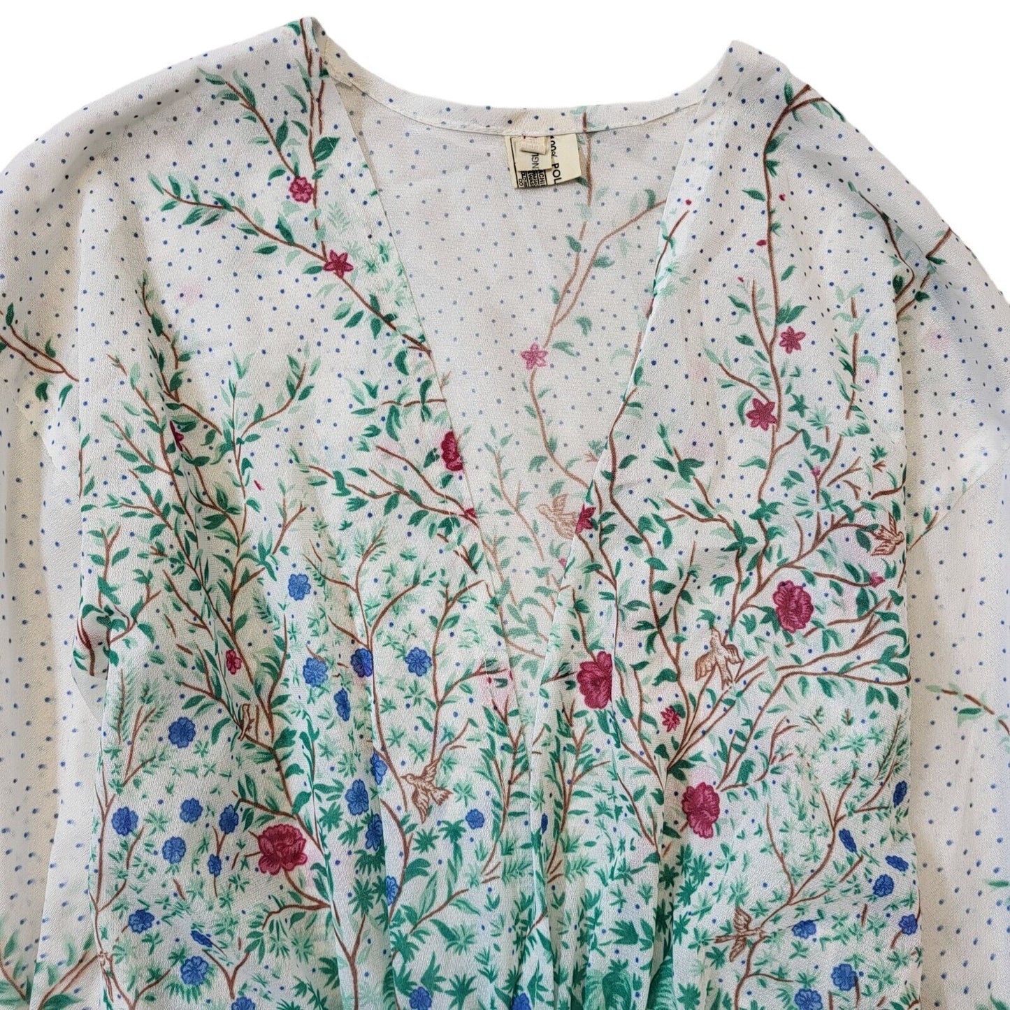70s Vintage White Green Floral Blouse Long Sleeve Women's UK 12