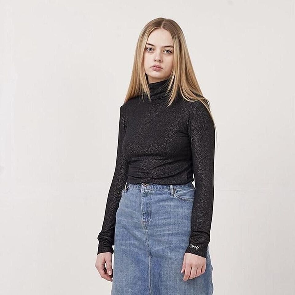 DKNY Vintage 90's Black & Silver Roll Neck Long Sleeve Top Womens UK Size 14