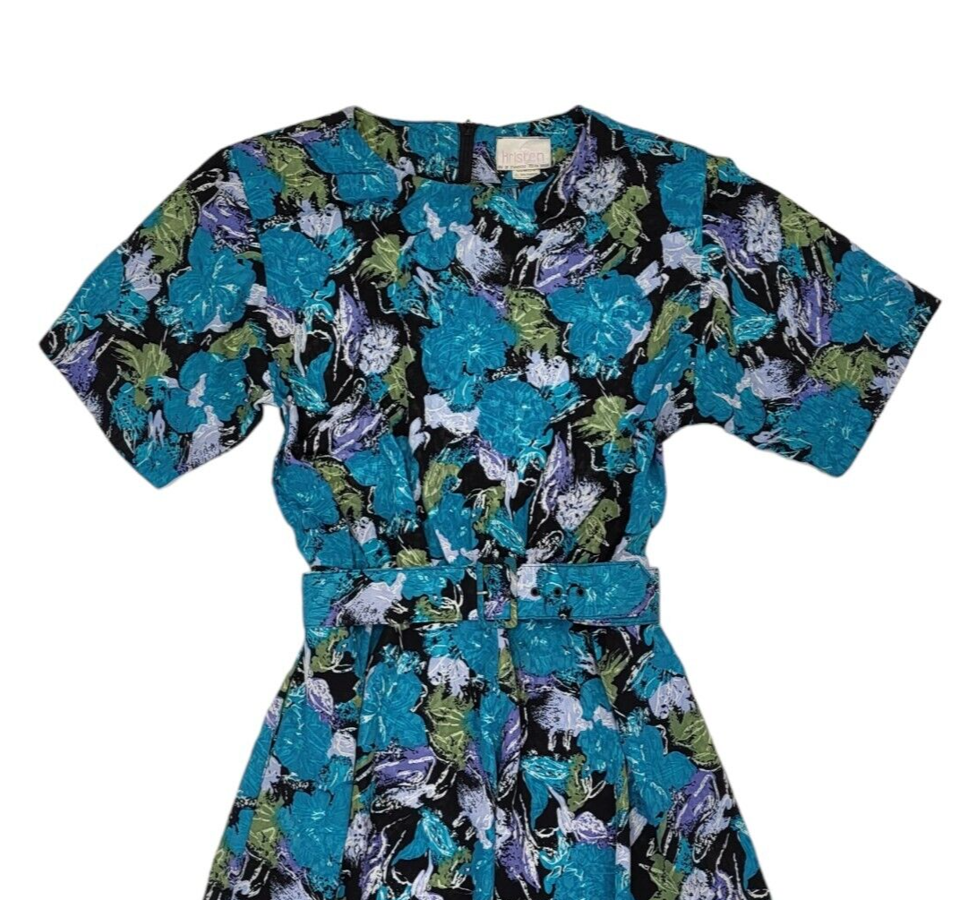 80s Vintage Kristen Blue Floral Fit & Flare Belted Daywear Dress Women's 10