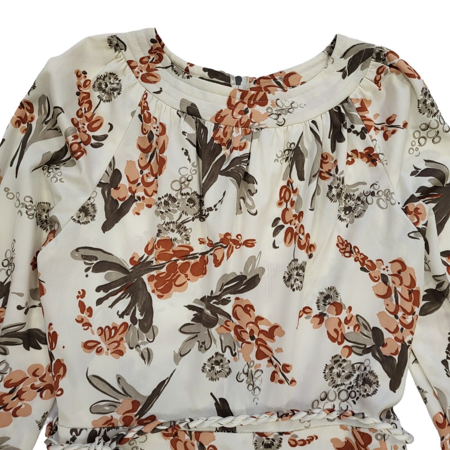 70s Vintage Cream Floral Patterned Rope Belt Daywear Dress Women's 10