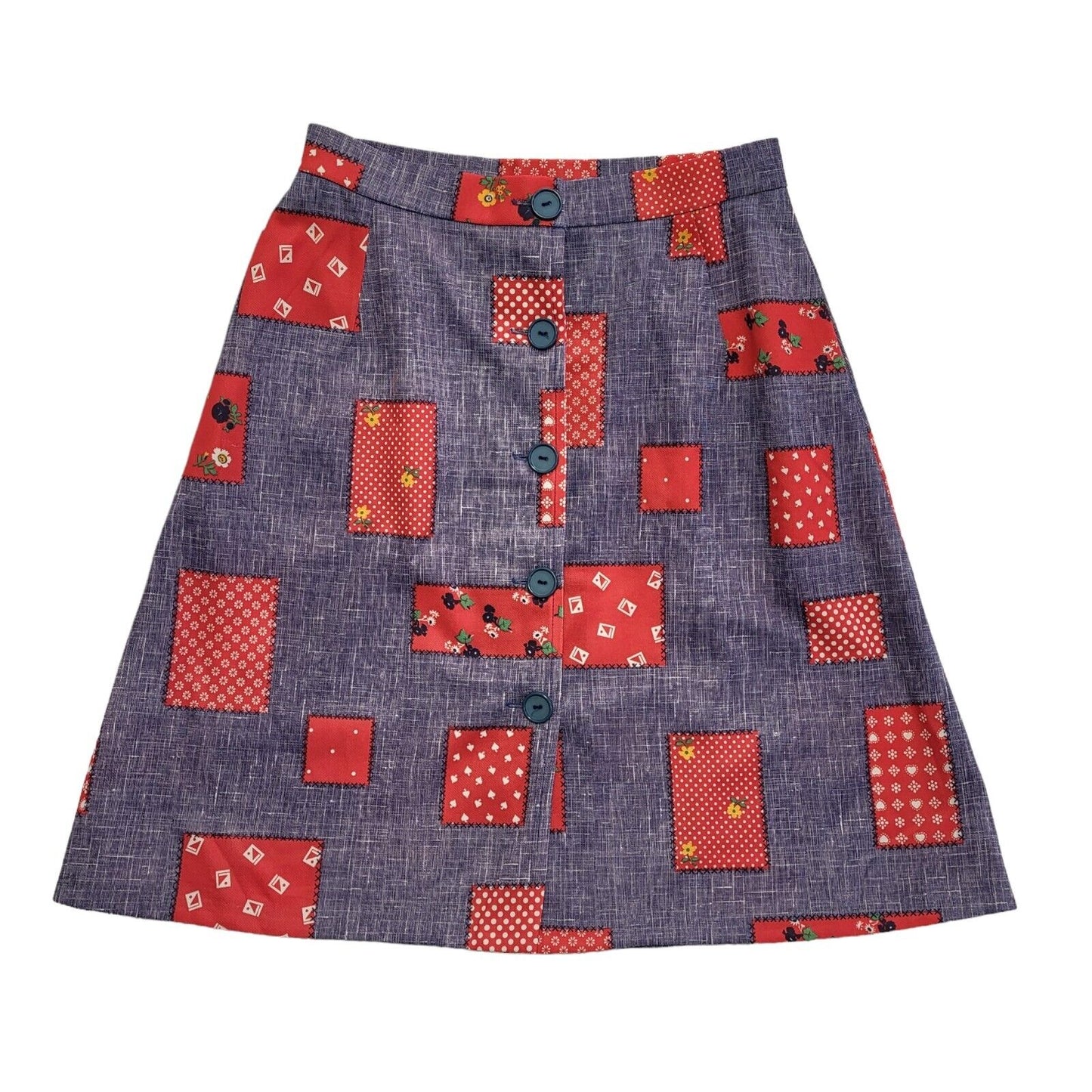 Lanz 70s Red & Blue Patchwork Button A-Line Knee Length Skirt Women's UK 8 W26