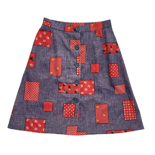 Lanz 70s Red & Blue Patchwork Button A-Line Knee Length Skirt Women's UK 8 W26