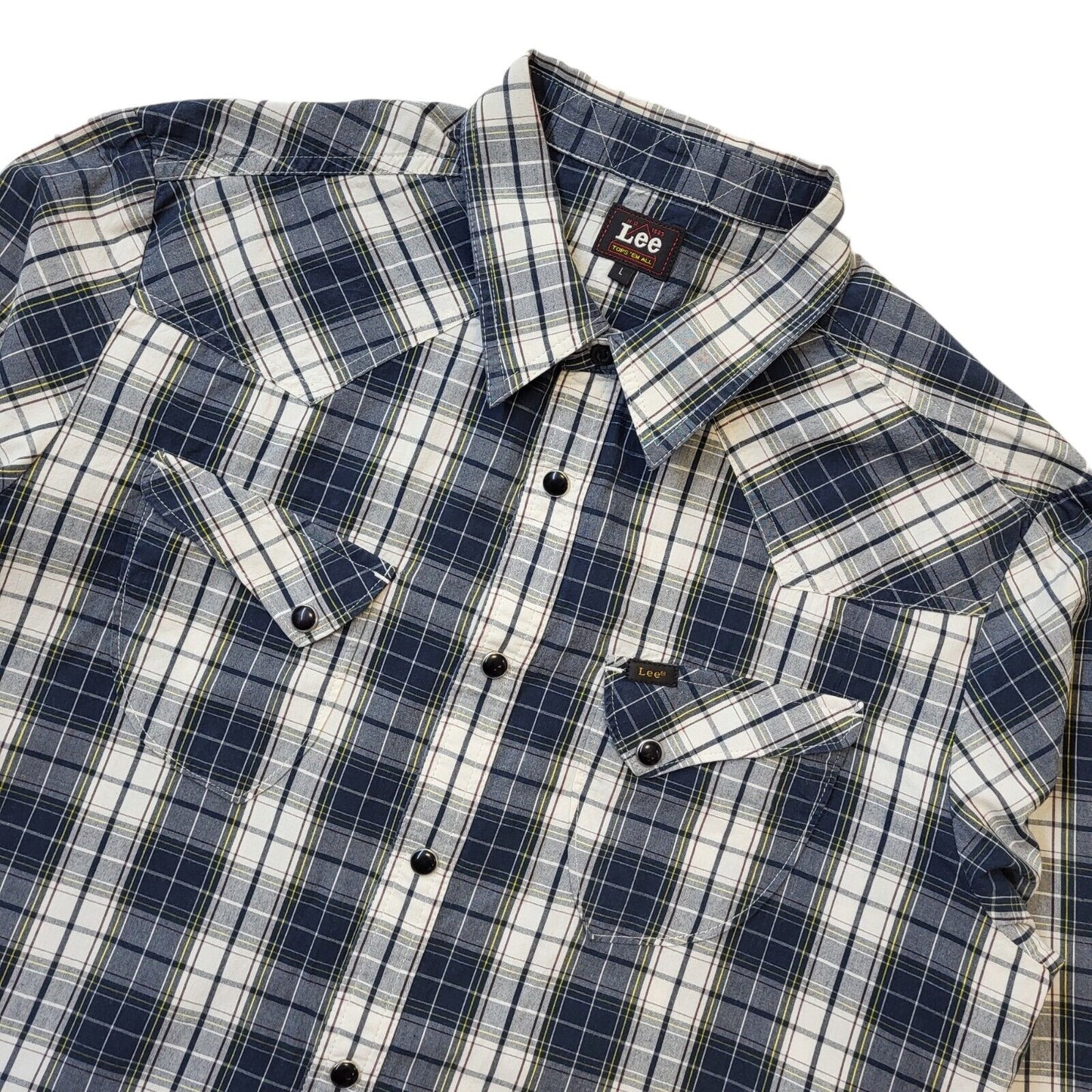 Lee Blue & White Check Snap Western Shirt Men's Size Large
