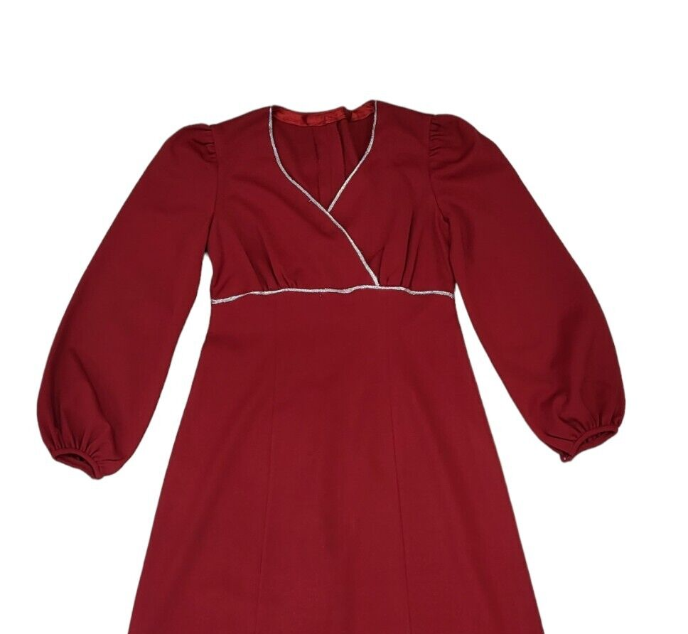70s Vintage Red Silver Trim Long Sleeve Maxi Dress Women's Size 12