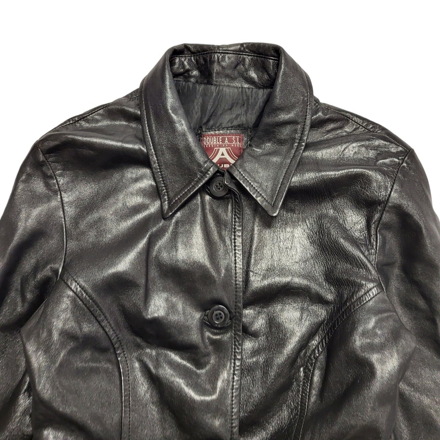 Double A 90s Vintage Black Button & Belted Leather Coat Uk Women's Size 14
