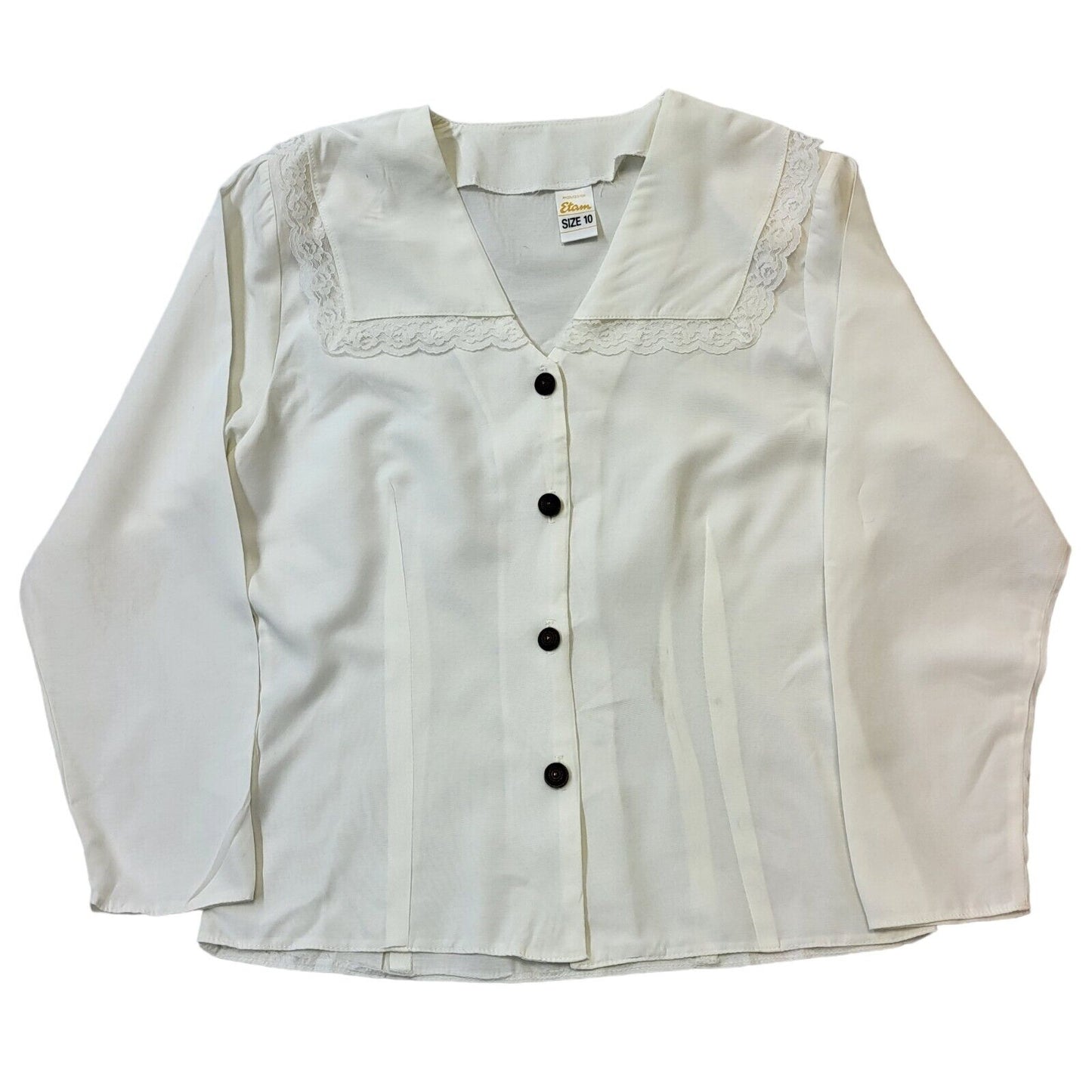 Etam 80s Vintage White Button Up Collared V-Neck Blouse Womens Size 10