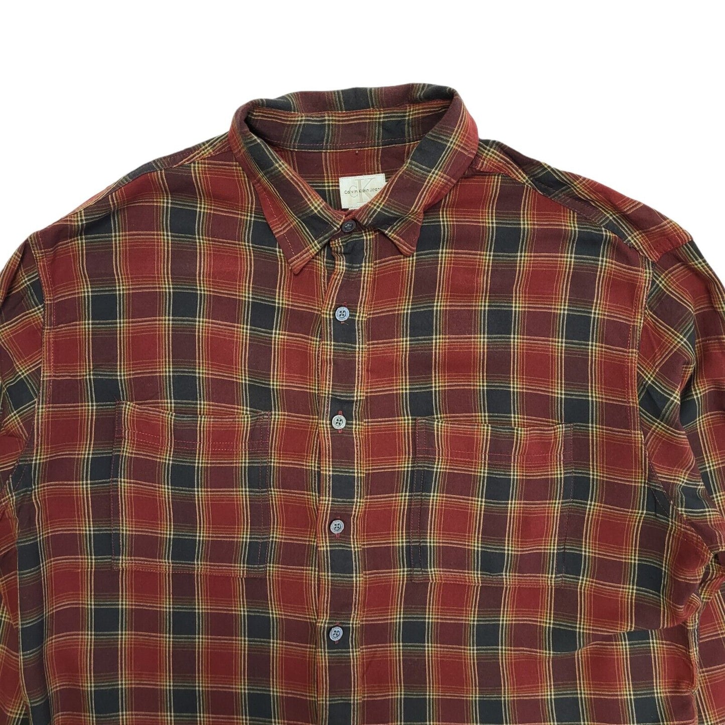 Calvin Klein 90's Red & Black Plaid Long Sleeve Shirt Mens UK M