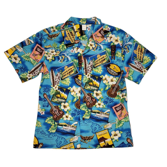 Palmwave Vintage 90's Blue & Green Floral Hawaiian Short Sleeve Shirt Mens UK L