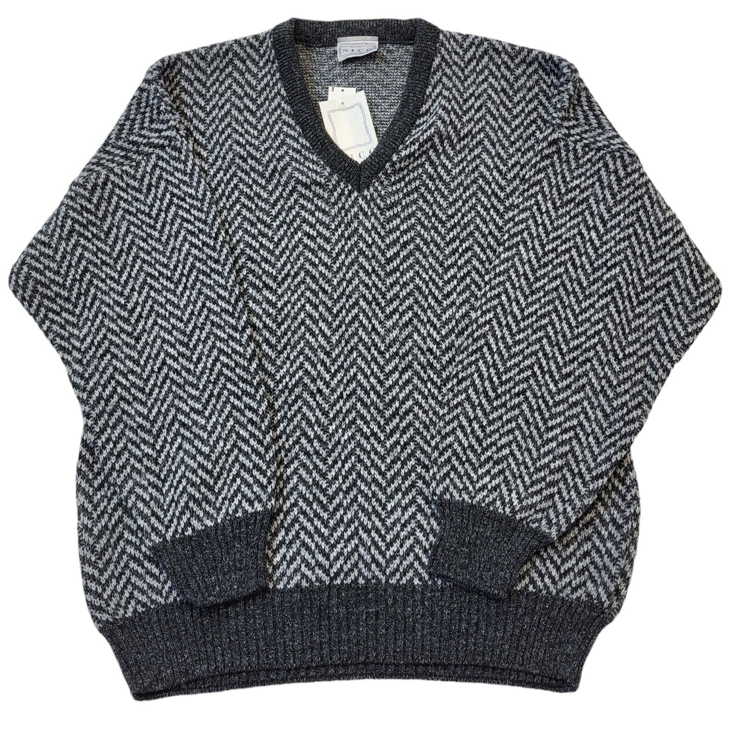 Nico 90s Vintage Grey Herringbone V-Neck Acrylic Men's Size L BNWT