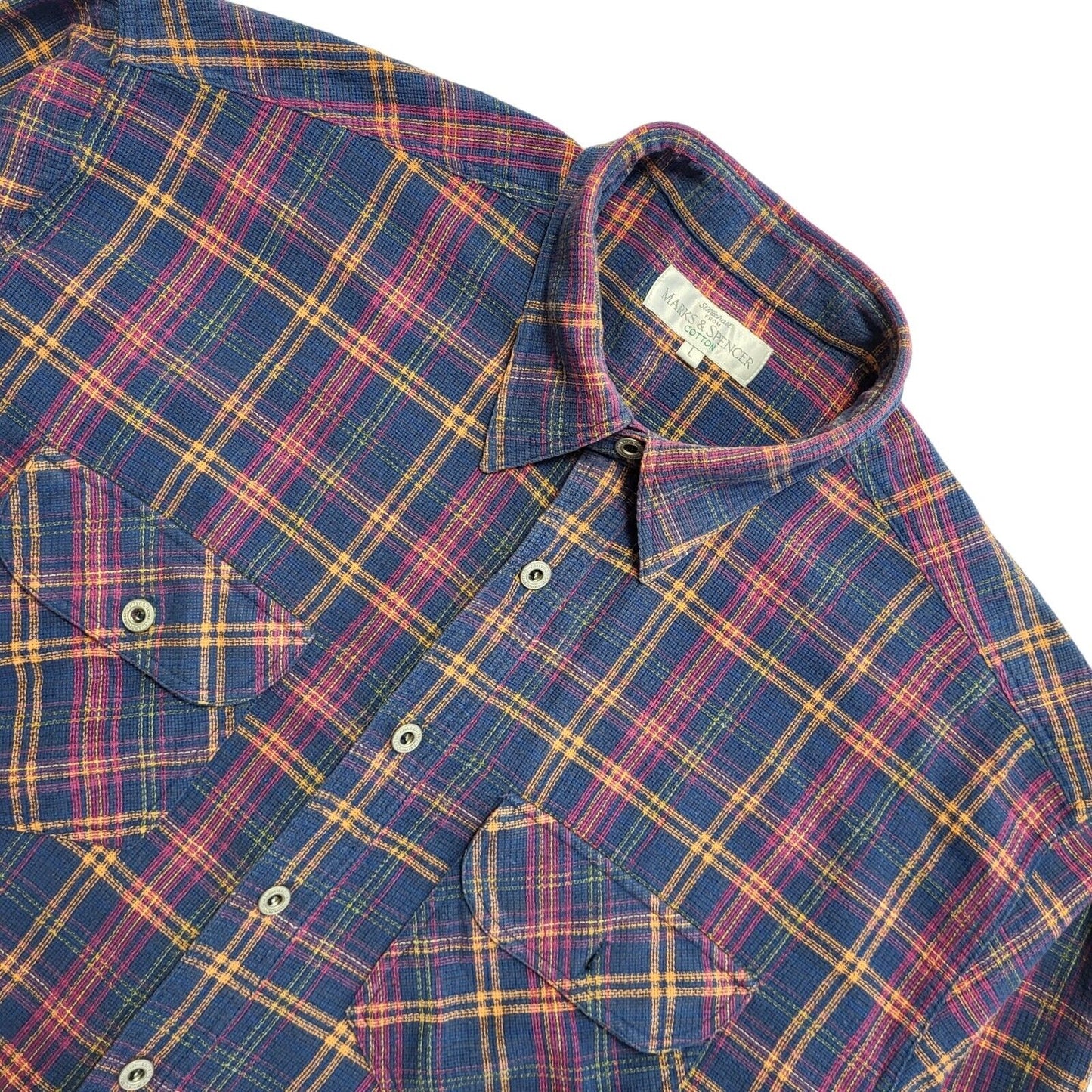 Marks & Spencer Vintage 90's Blue Pink Check Long Sleeve Shirt Men's UK L