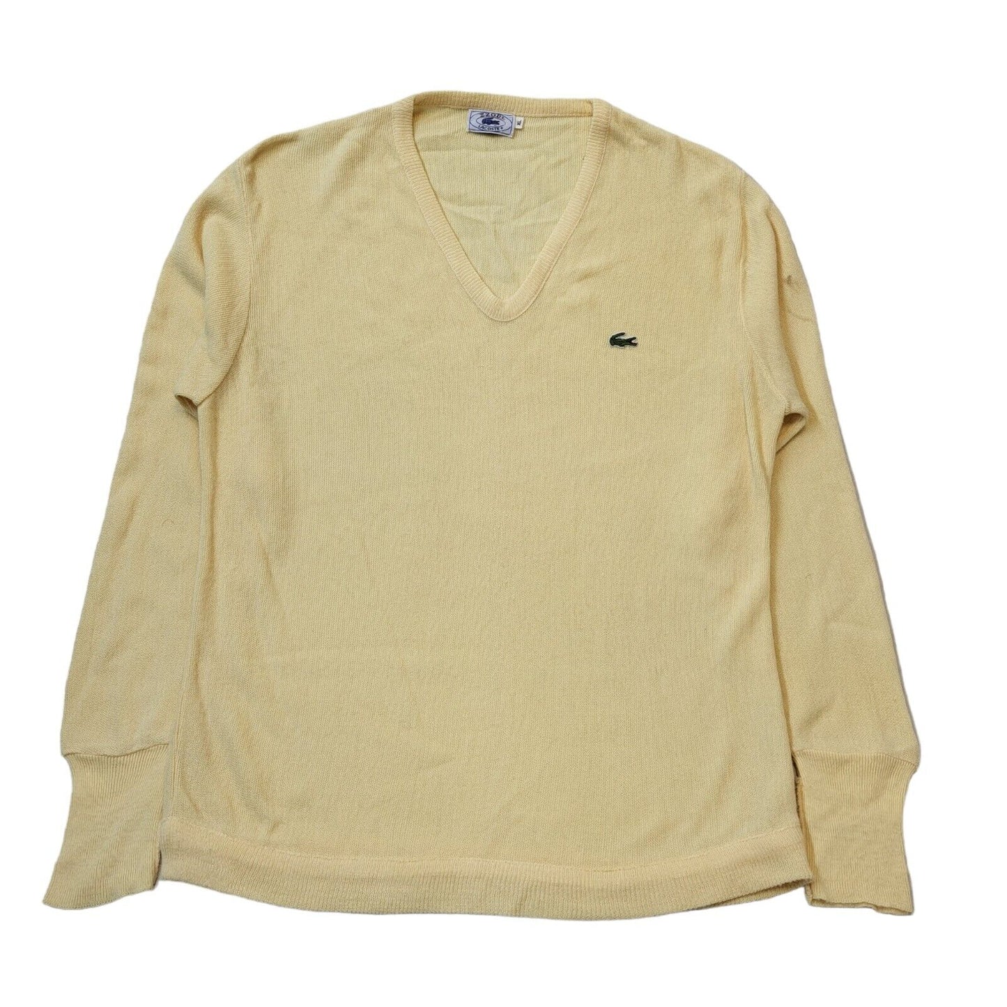 Izod Lacoste 80s Vintage Pale Yellow V-Neck Knitted Jumper Men's Size XL
