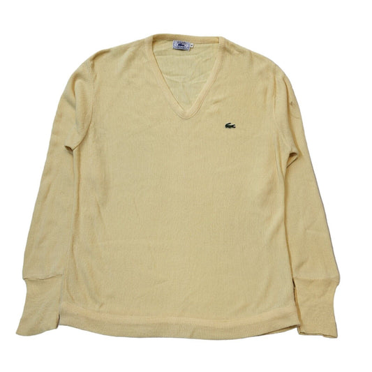 Izod Lacoste 80s Vintage Pale Yellow V-Neck Knitted Jumper Men's Size XL