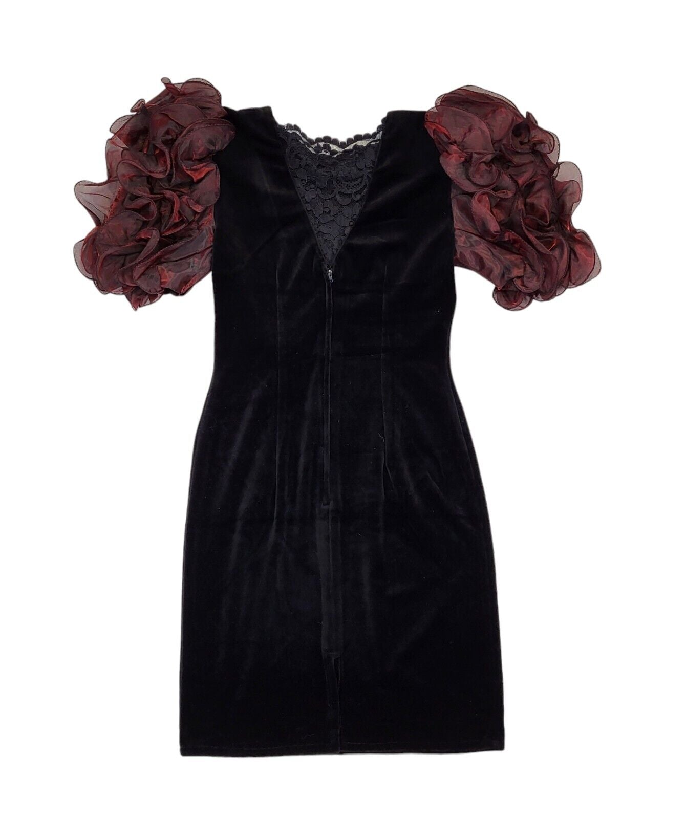 80s Vintage Yvonne Jacovous Black Plum Ruffle Velvet Evening Dress Women's 12