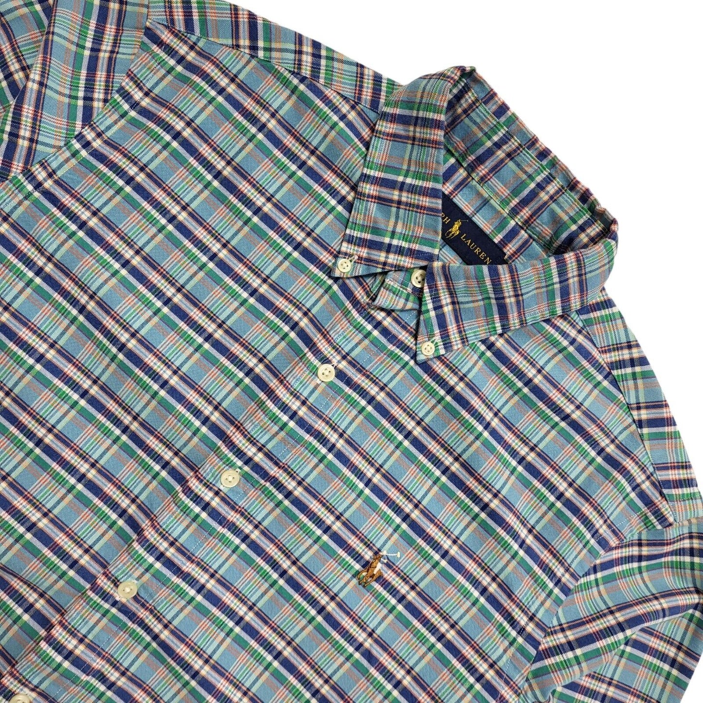 Ralph Lauren 90's Vintage Blue & Green Checked Long Sleeve Shirt Mens UK Size M