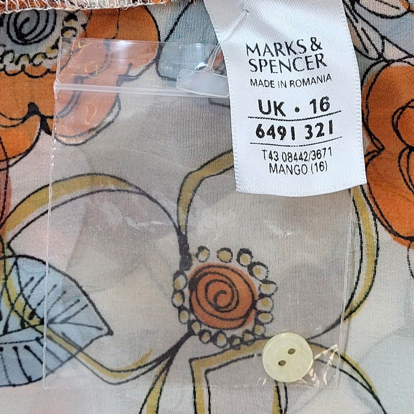 Mark & Spencer Y2K Cream & Orange Floral Ruffle Long Sleeve Blouse Womens UK 16