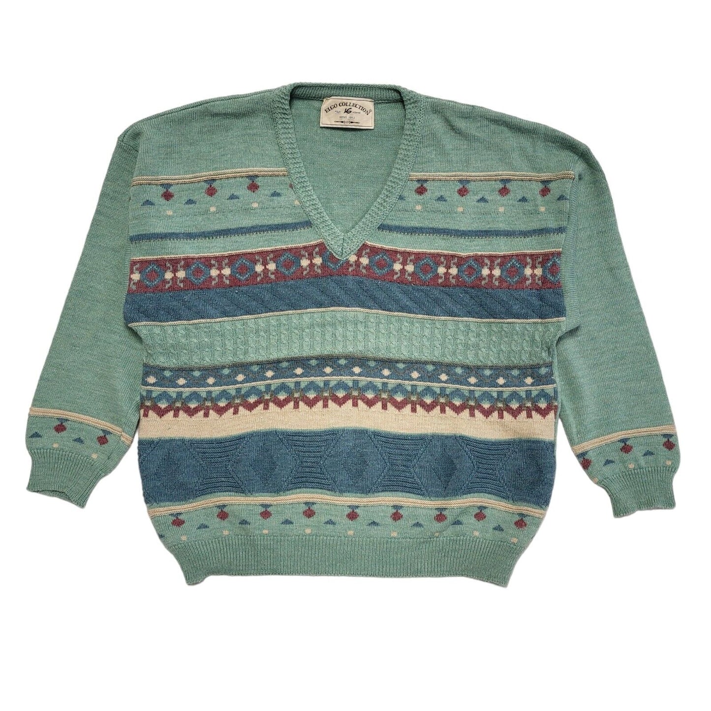 Elgo Collections Vintage 80s Green Geometric V-Neck Jumper Men's UK XL