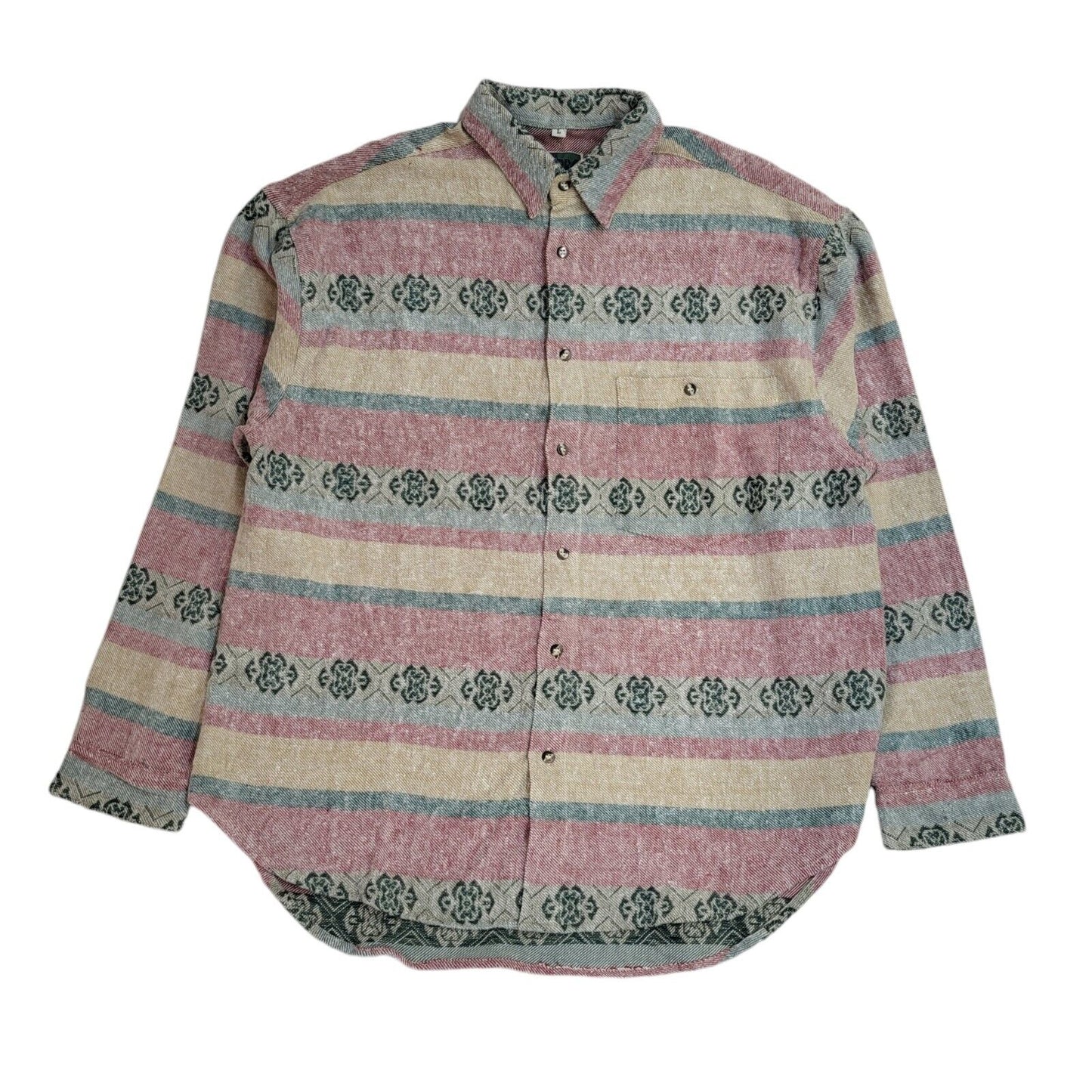 Turbo 90s Pink & Green Geometric Long Sleeve Flannel Shirt Uk Men's Size Large