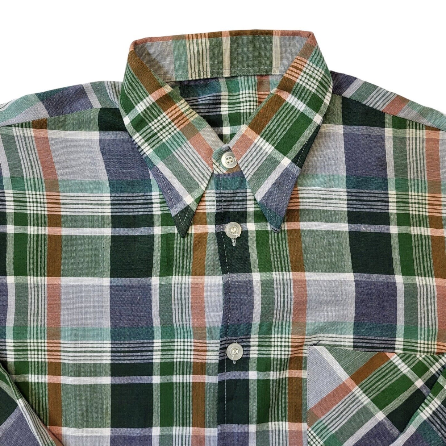 70s Vintage Green & Blue Long Sleeve Cotton Check Shirt Men's Size XL