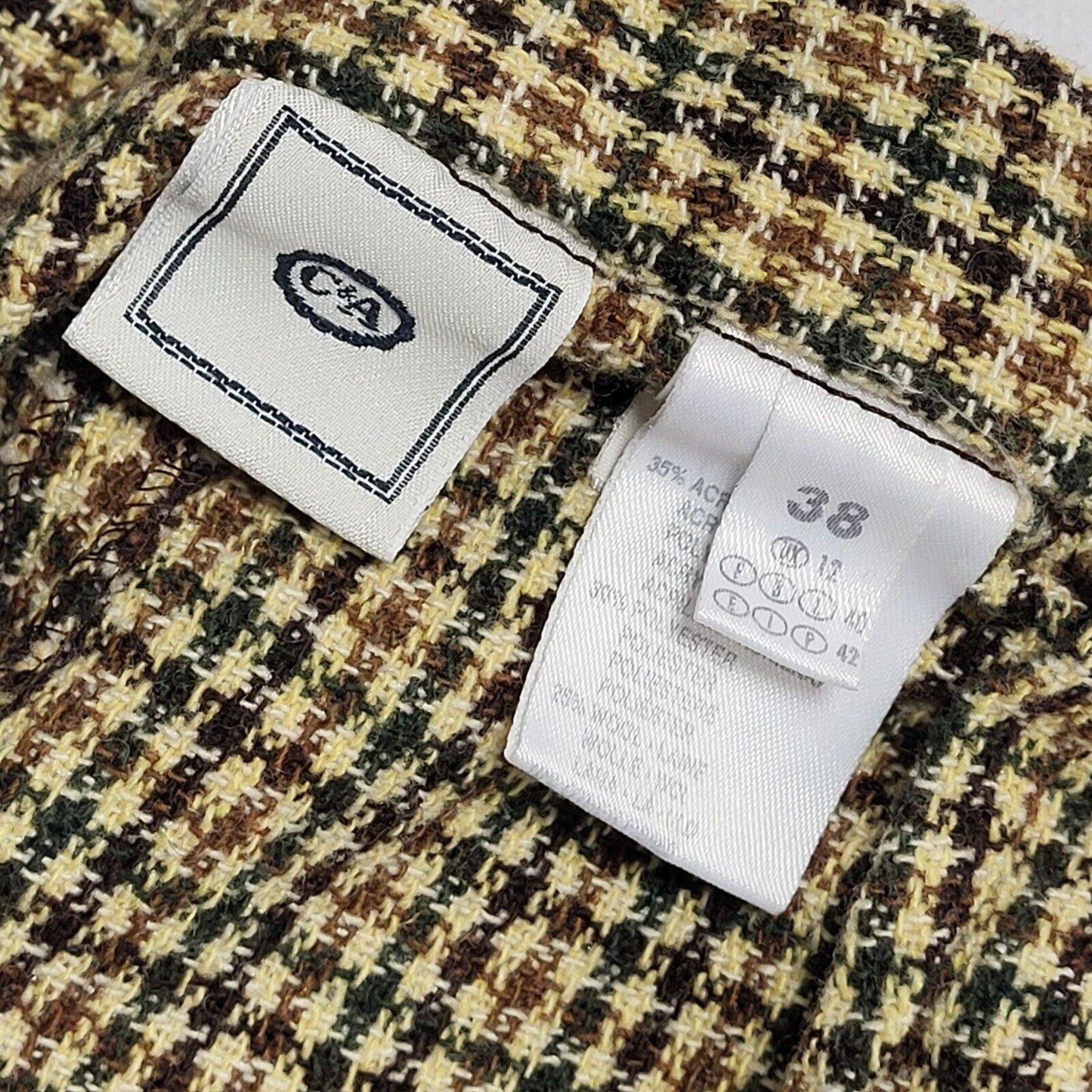 C&A 90s Khaki & Tan Check Casual Trousers Uk Women's 10 W28 L26