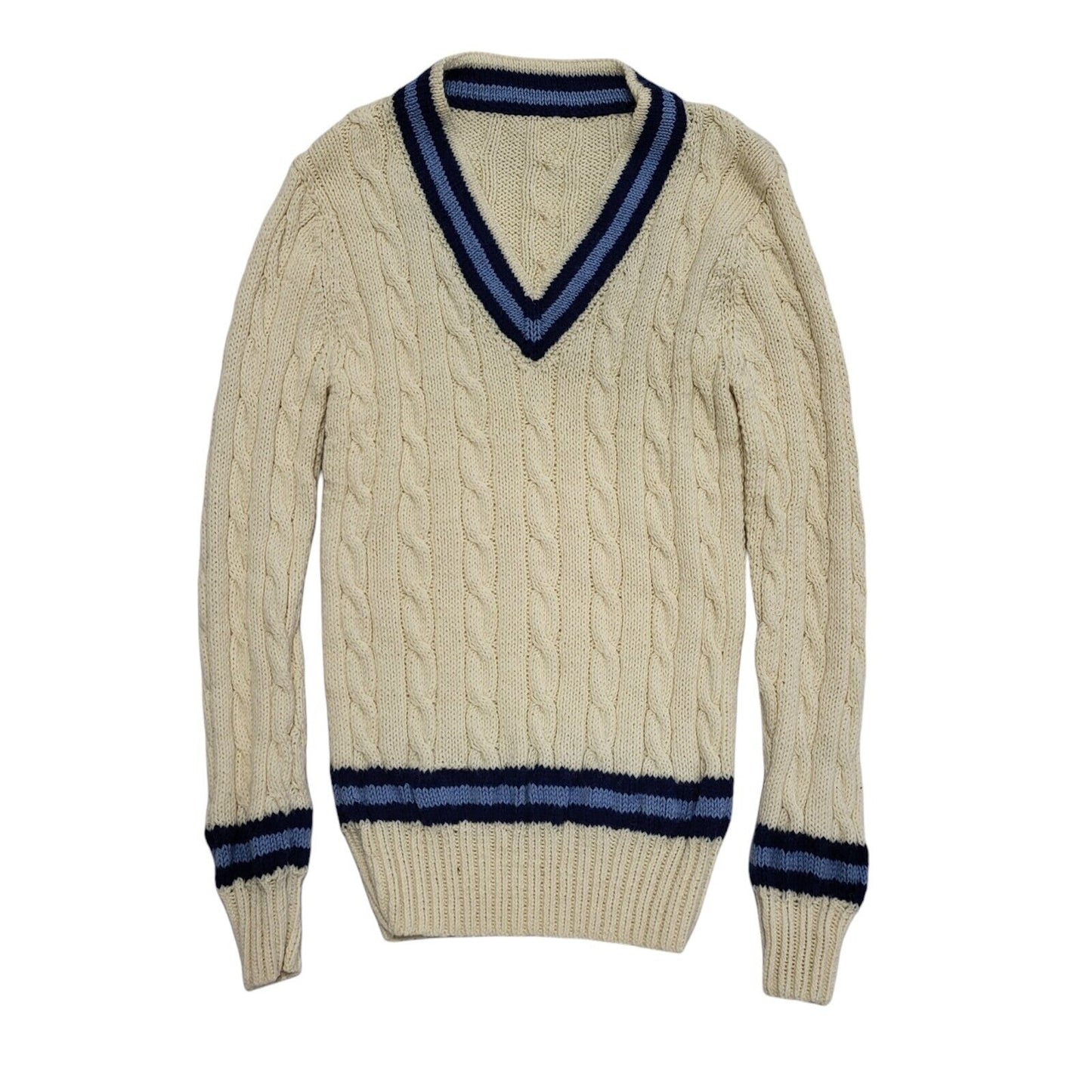 90s Vintage Cream Blue Acrylic V-Neck Cricket Jumper Uk Women's Size Small