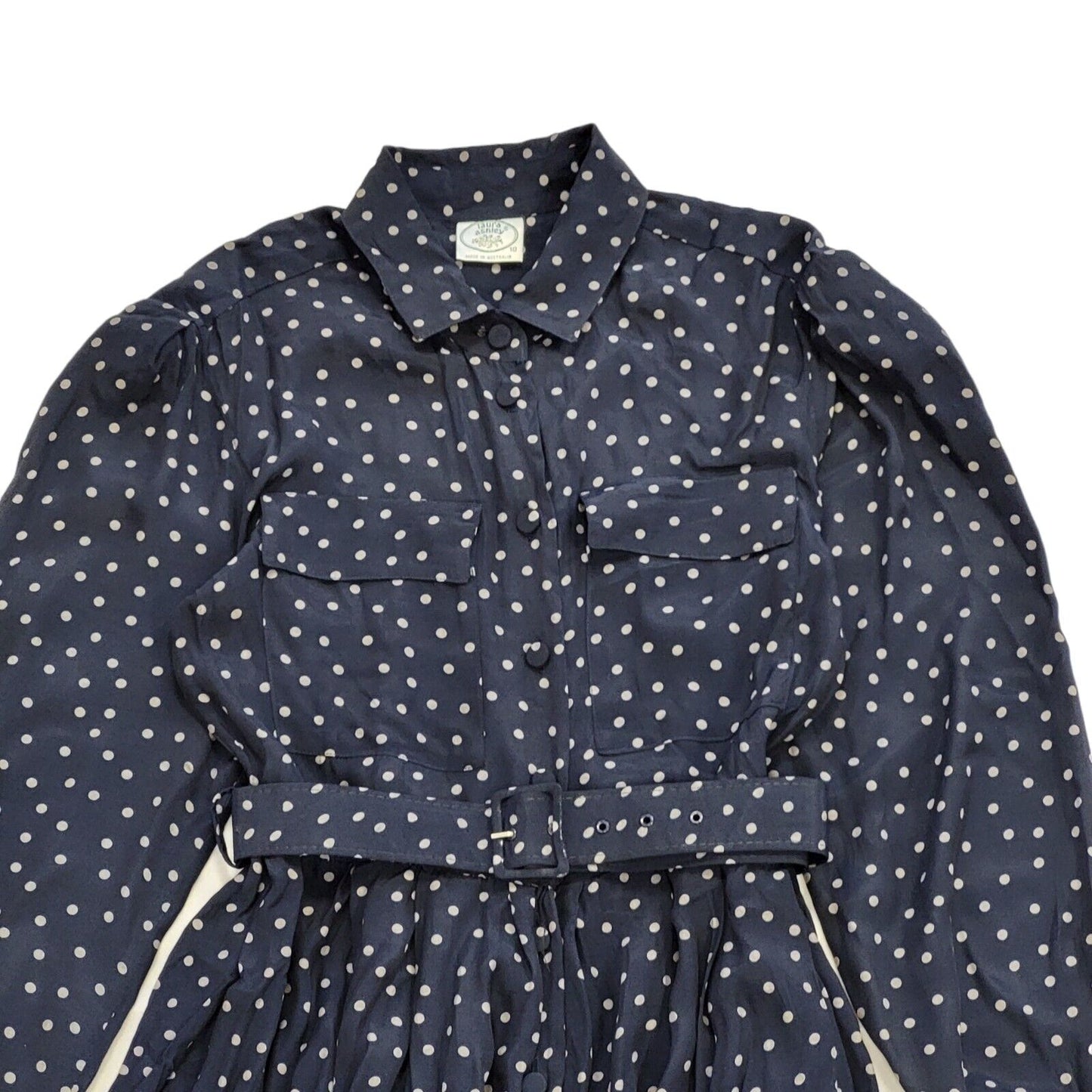 90s Vintage Laura Ashley Black Polka Dot Belted Daywear Dress Women's Size 10