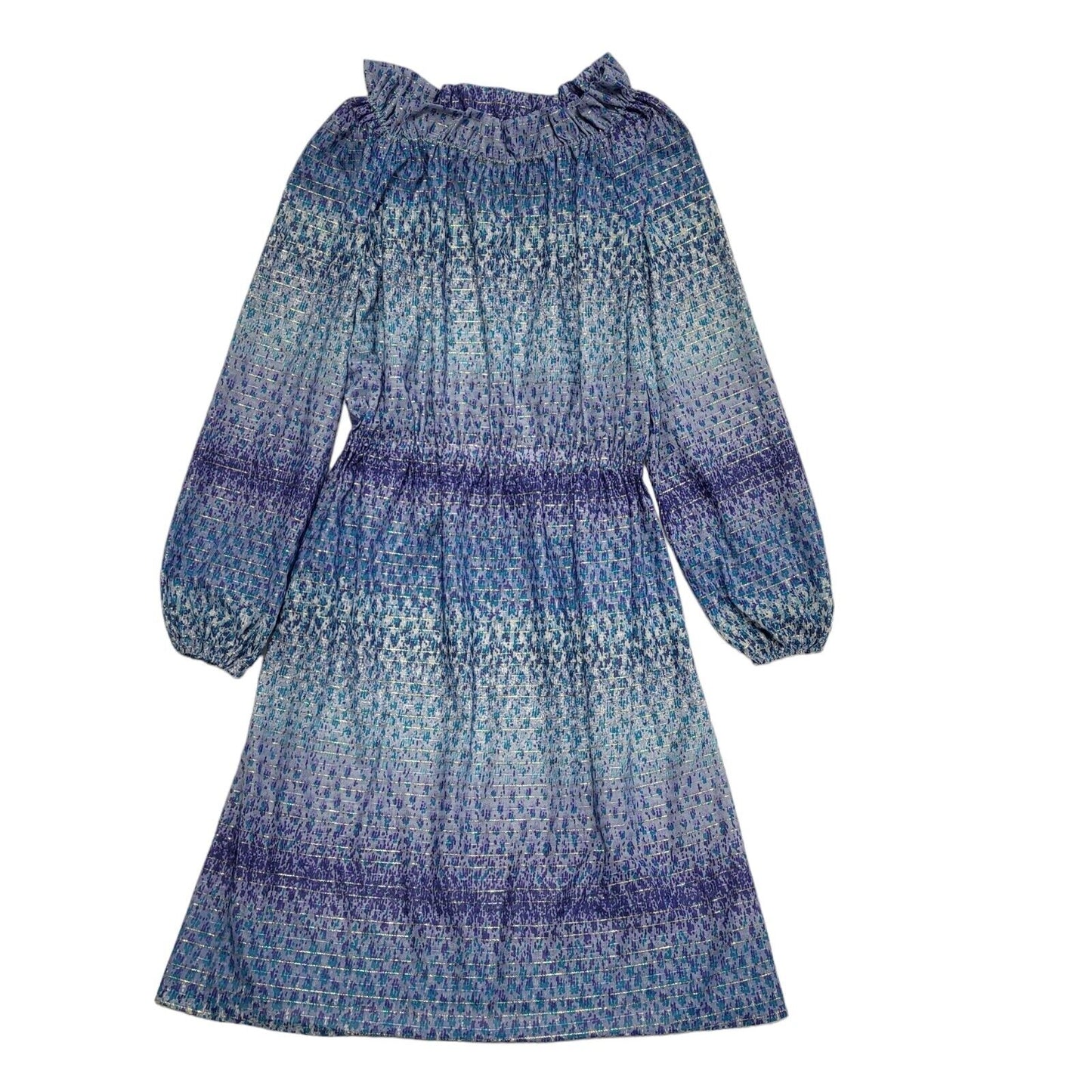 70s Vintage Blue Sparkly Striped Off Shoulder A-Line Daywear Dress Women's 12-14