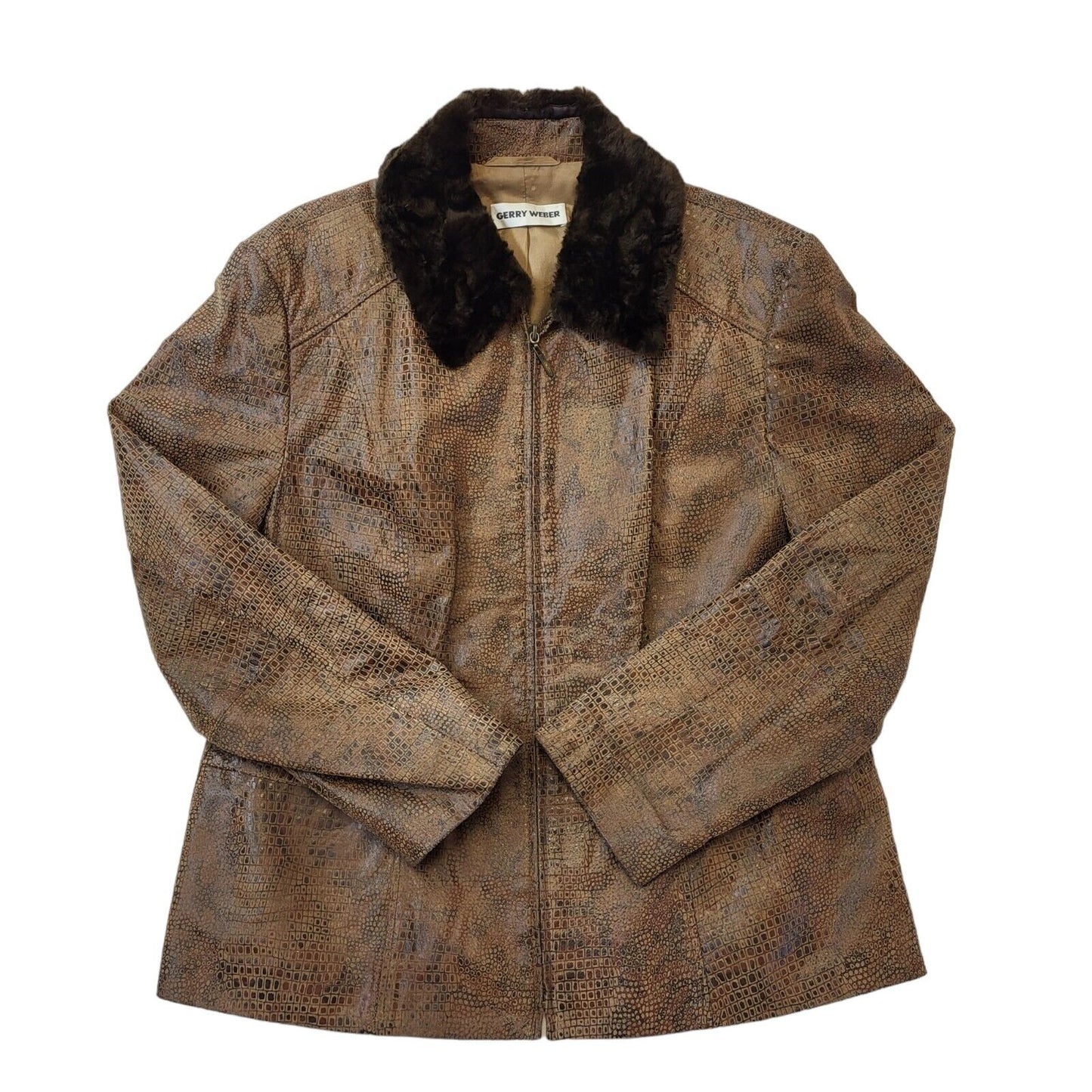 Gerry Weber 90s Brown Zip Up Leather Jacket Faux Fur Collar Women's Size 18