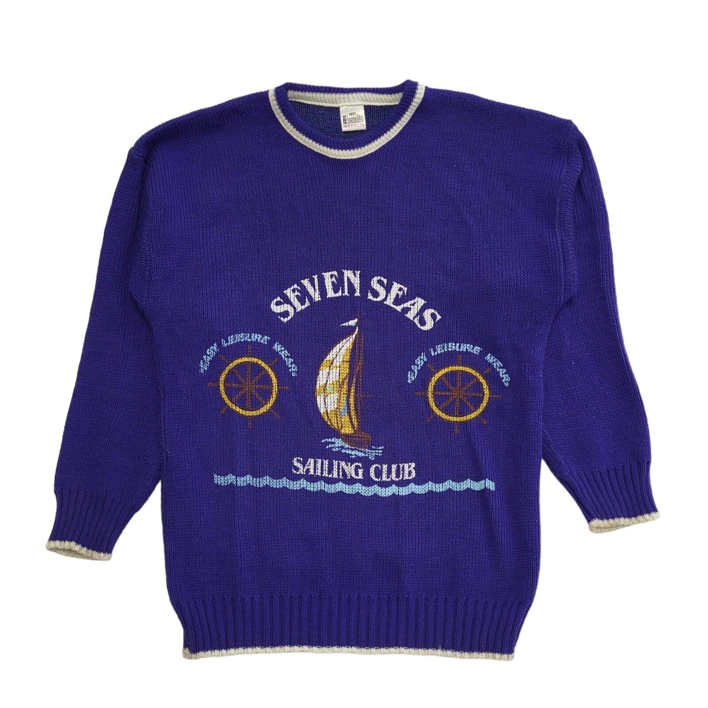 Seven Seas Sailing 80s Blue Crew Neck Acrylic Jumper Men's Size Medium