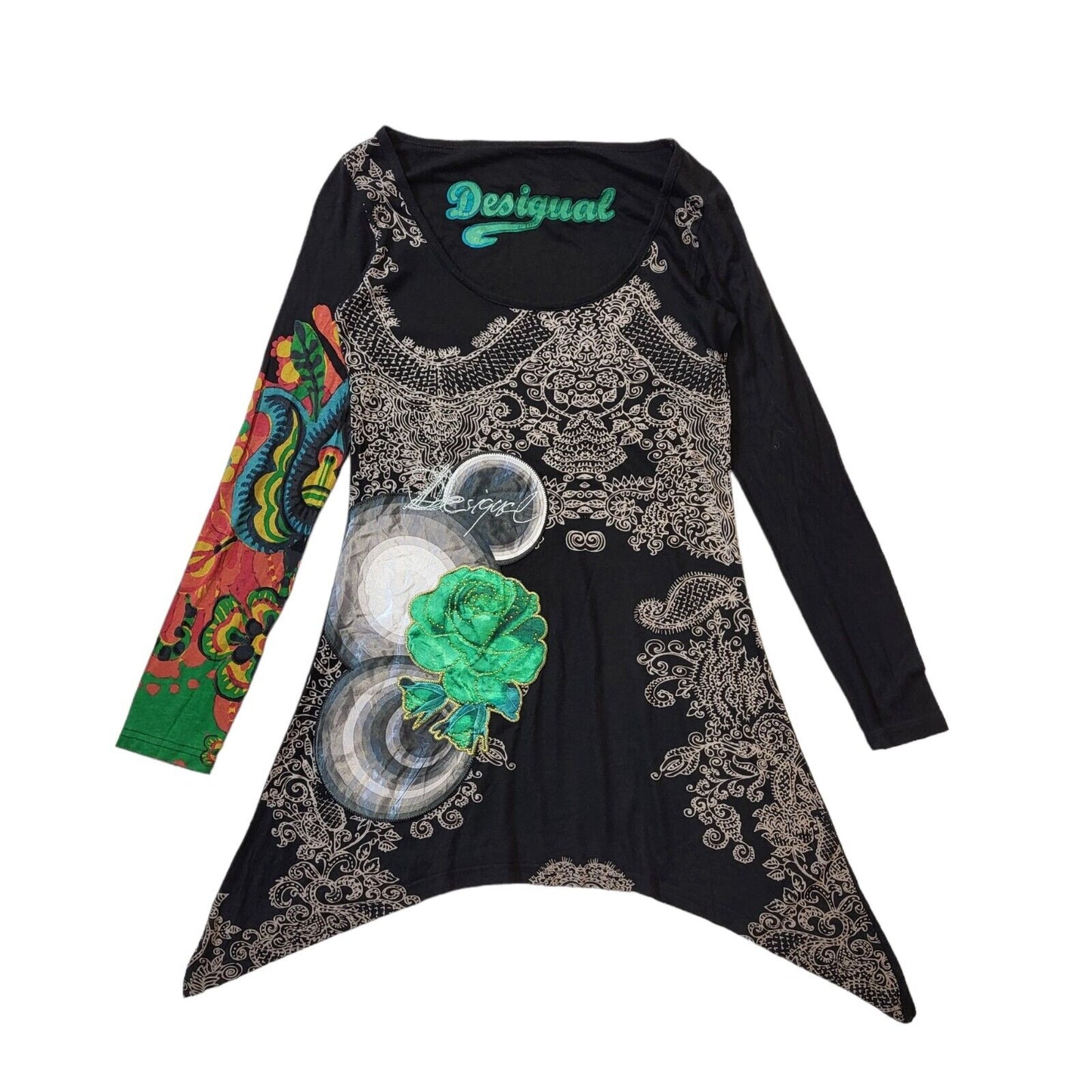 Desigual Y2K Black Floral Round Neck Long Sleeve Top Women's Size Small