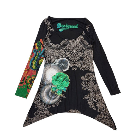 Desigual Y2K Black Floral Round Neck Long Sleeve Top Women's Size Small
