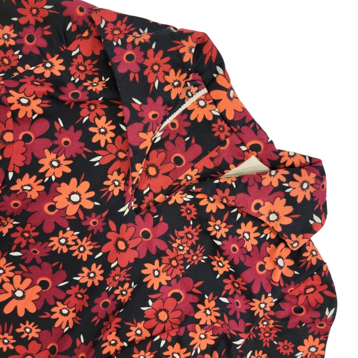 70s Vintage Red Floral Collared Short Sleeved Shift Dress Women's 14