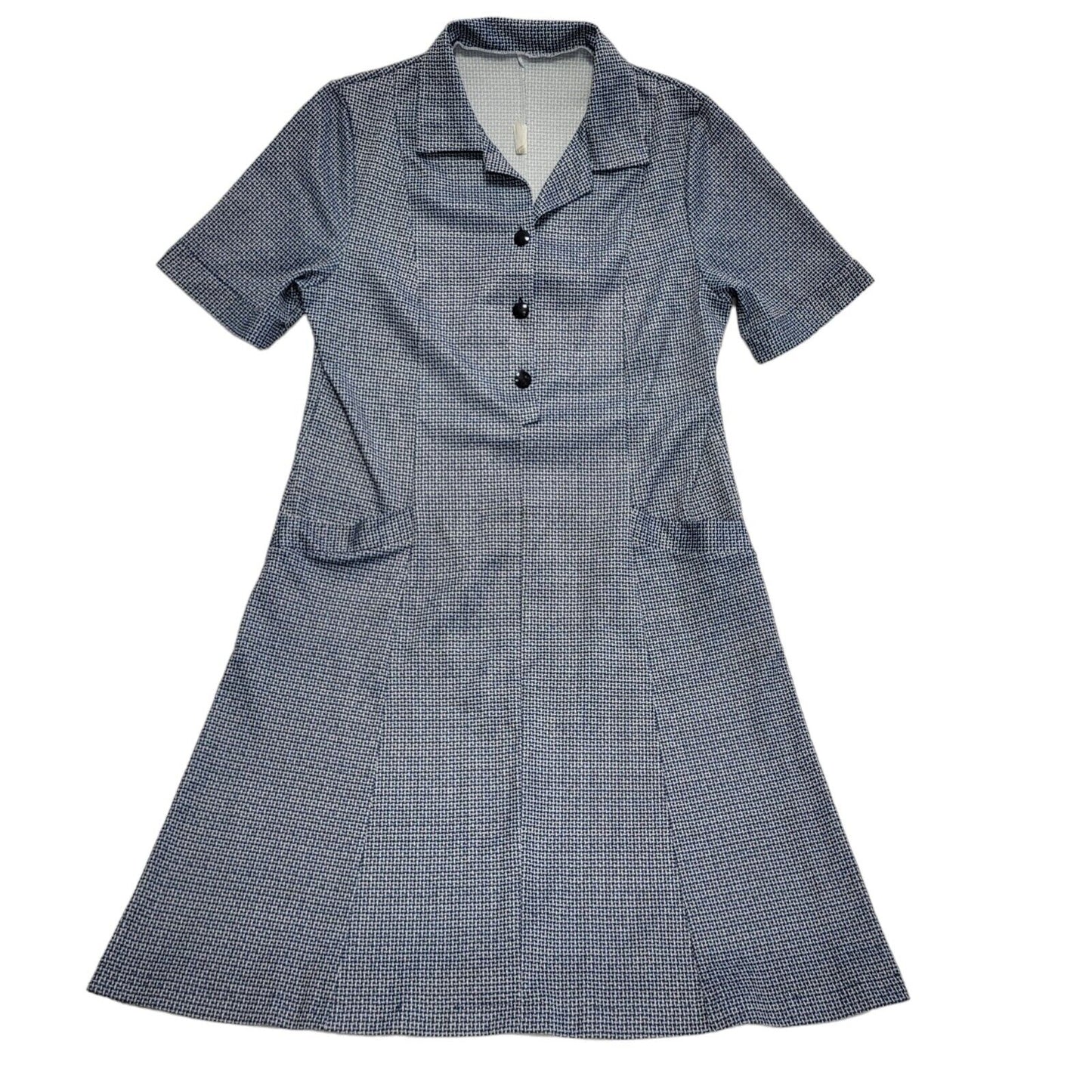 70s Vintage Blue & White Weave Pattern Shift Dress Women's 14