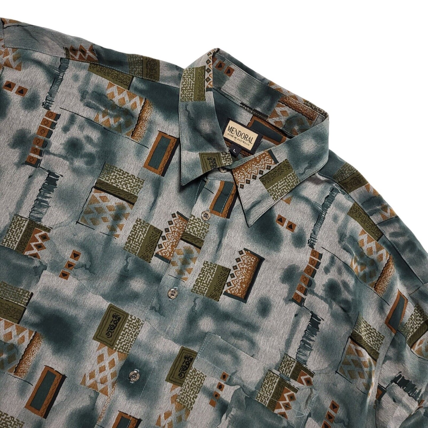 Mendoral 80's Green & Brown Retro Abstract  Short Sleeve Shirt Mens UK Size L