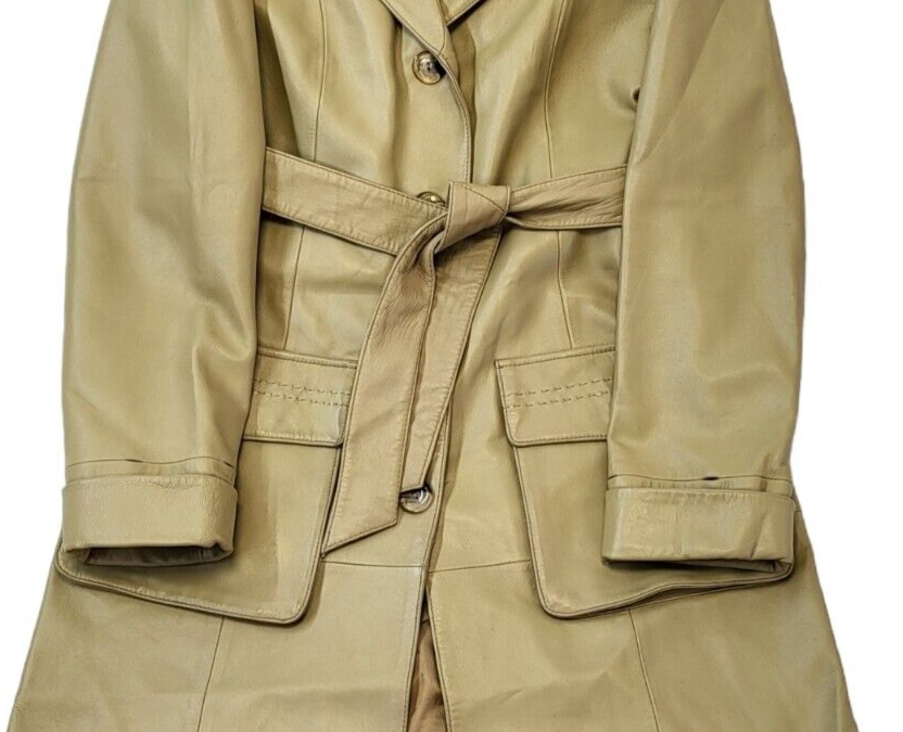 Vintage 90s Belted Beige Button Up Leather Jacket Women's Size M