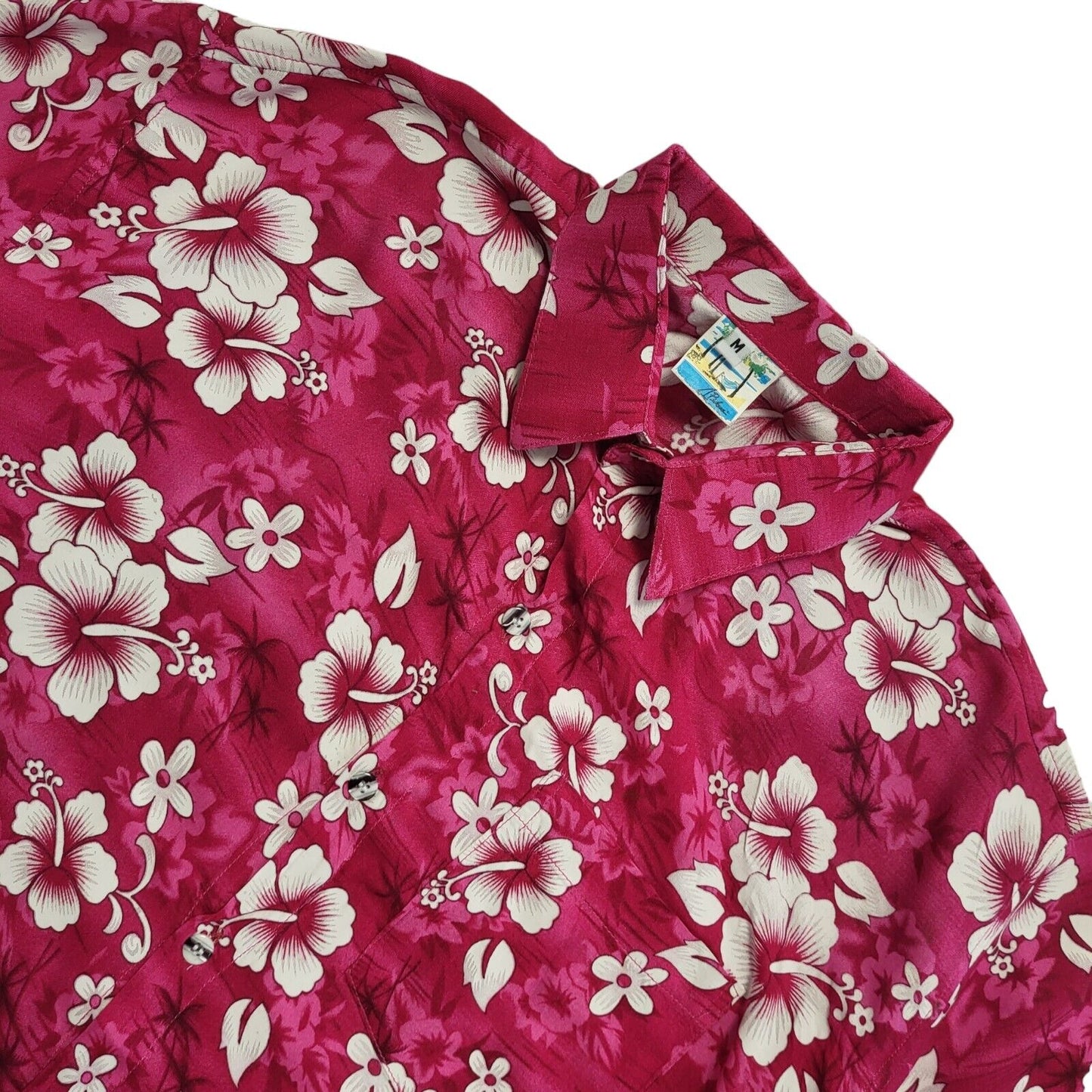 Pidoza Vintage 90s Pink White Hibiscus Floral Beach Hawaiian Shirt Uk Men's M