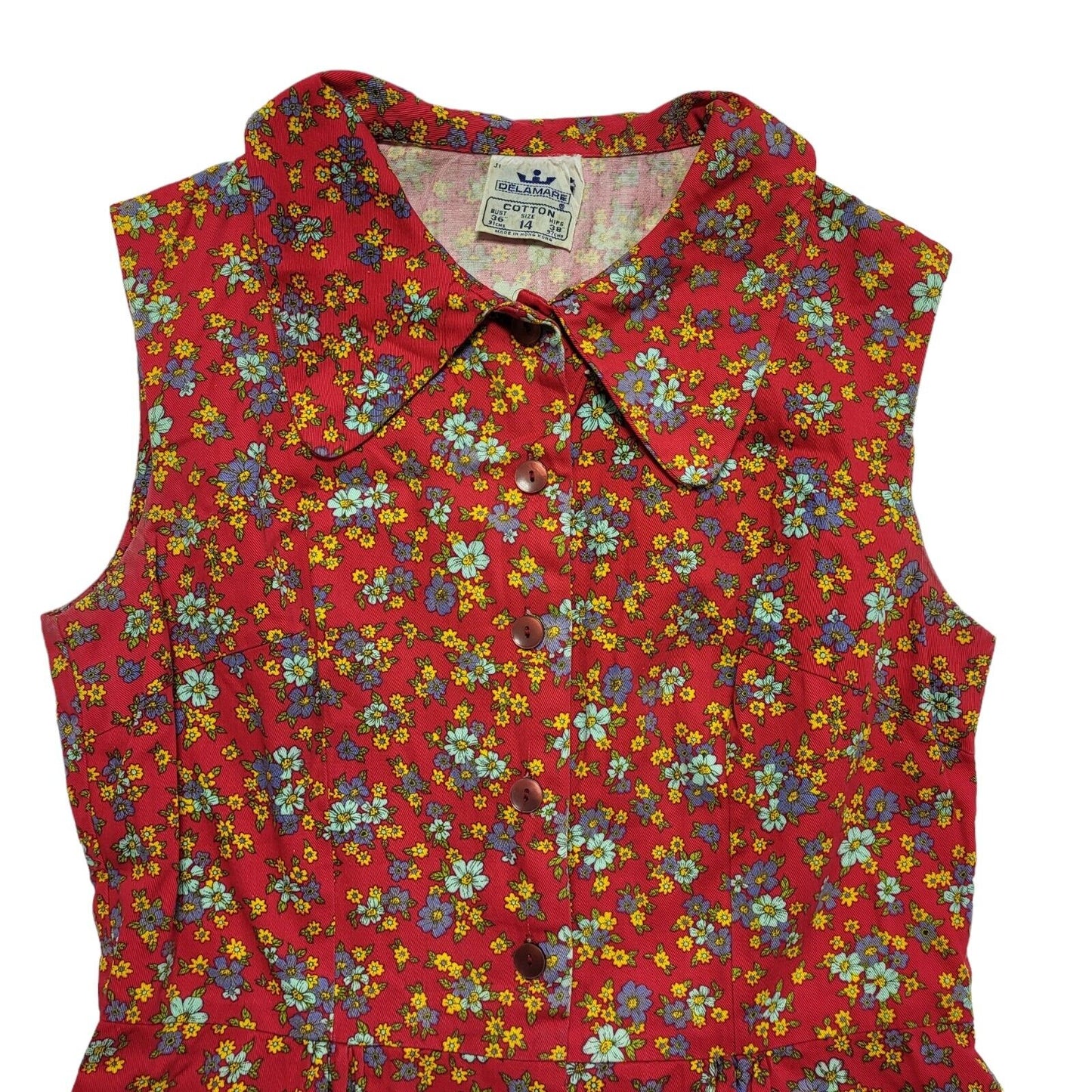 Vintage 70's Delamare Red Collared Floral Fit & Flare Retro Dress Womens UK 12