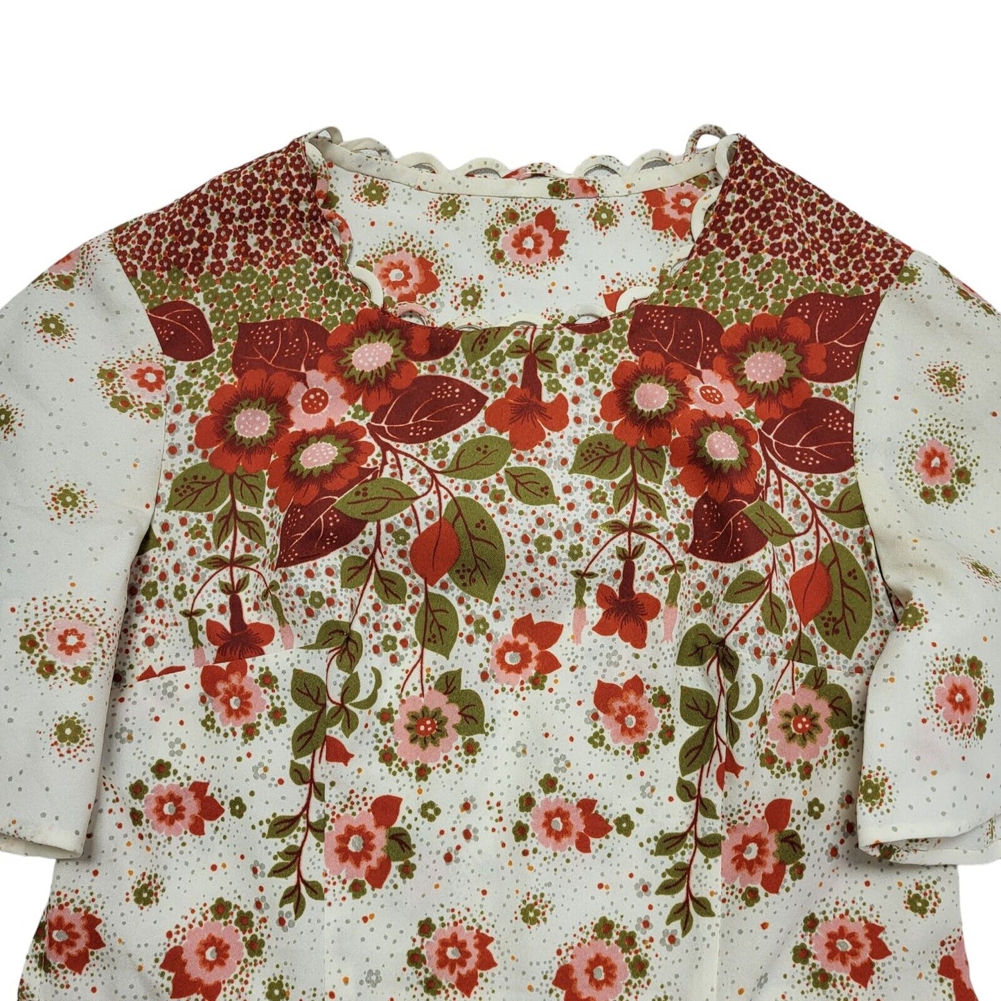 70s Vintage White Pink Green Floral Fit & Flare Daywear Dress Women's 12