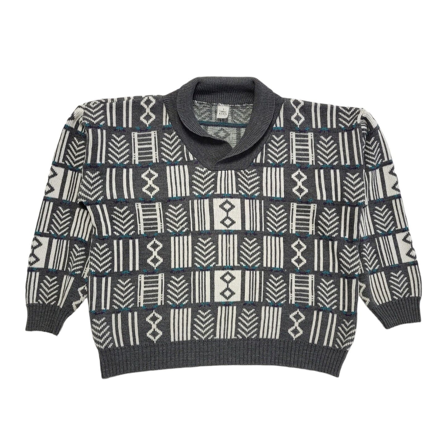 Vintage 80s Grey & White Geometric Collared Jumper Men's UK Large