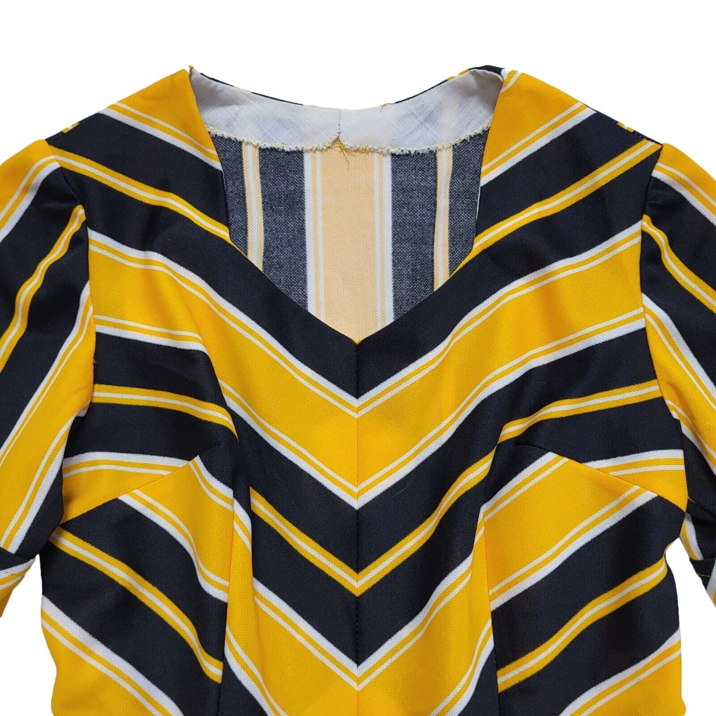70s Vintage Yellow & Black Striped Midi Daywear Dress Women's 8