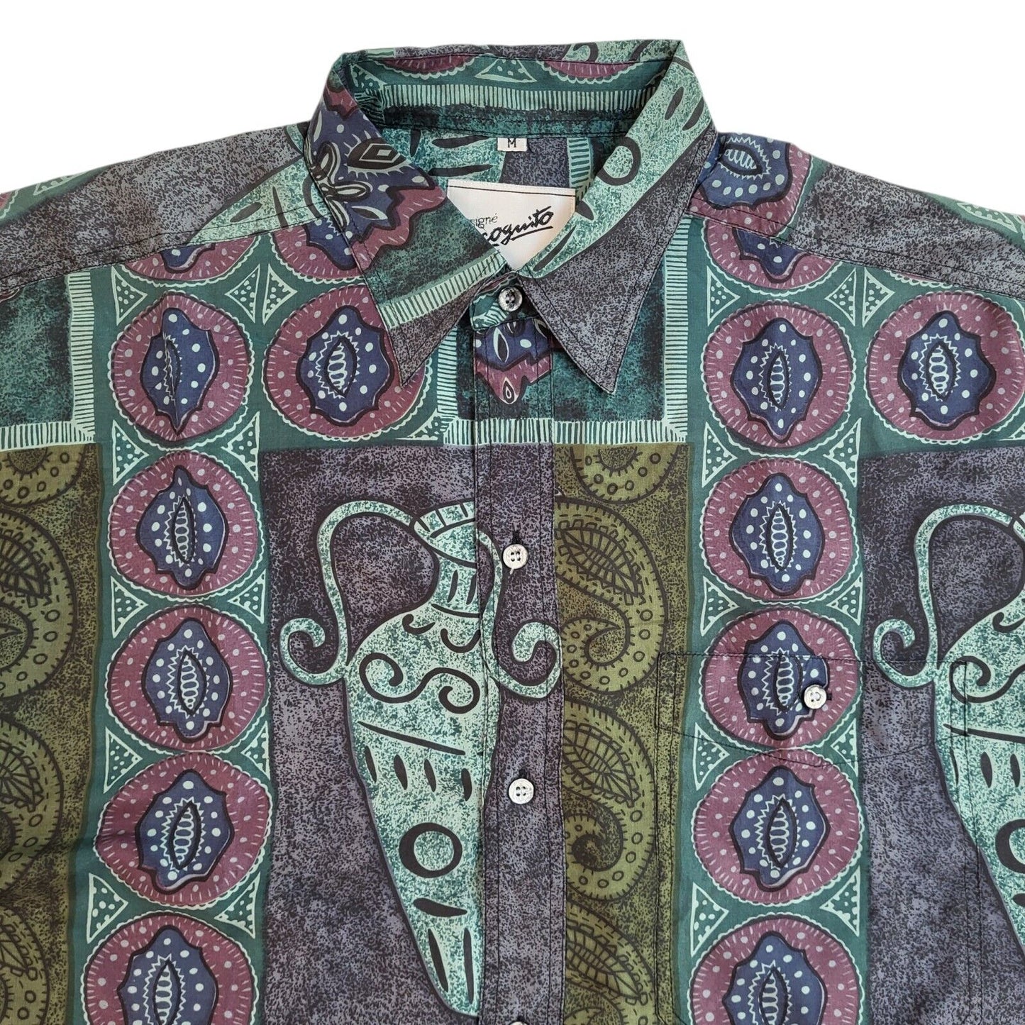 Incognito 90's Purple & Green Abstract Silk Short Sleeve Shirt Uk Men's Size M