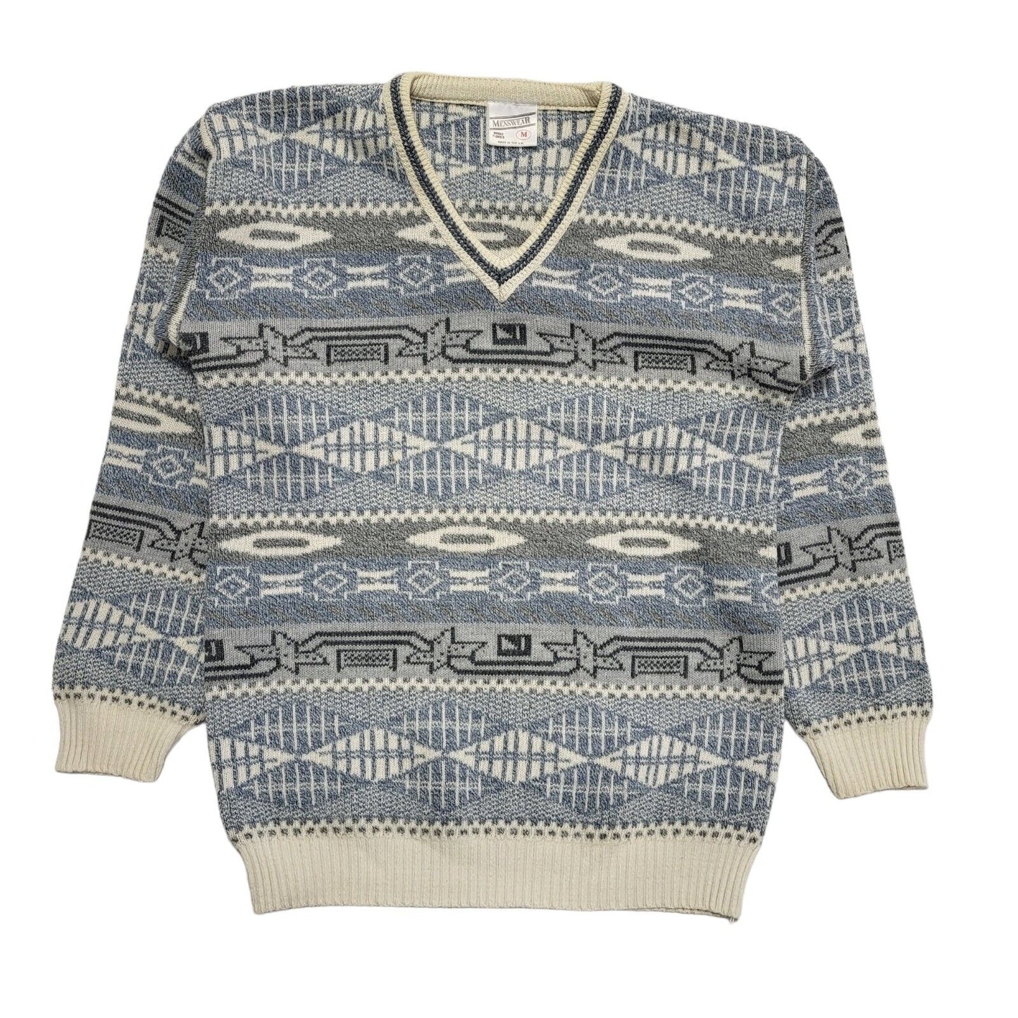 Menswear Vintage 80's Blue & White V-Neck Jumper Mens UK M