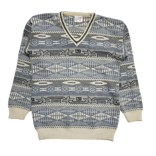 Menswear Vintage 80's Blue & White V-Neck Jumper Mens UK M