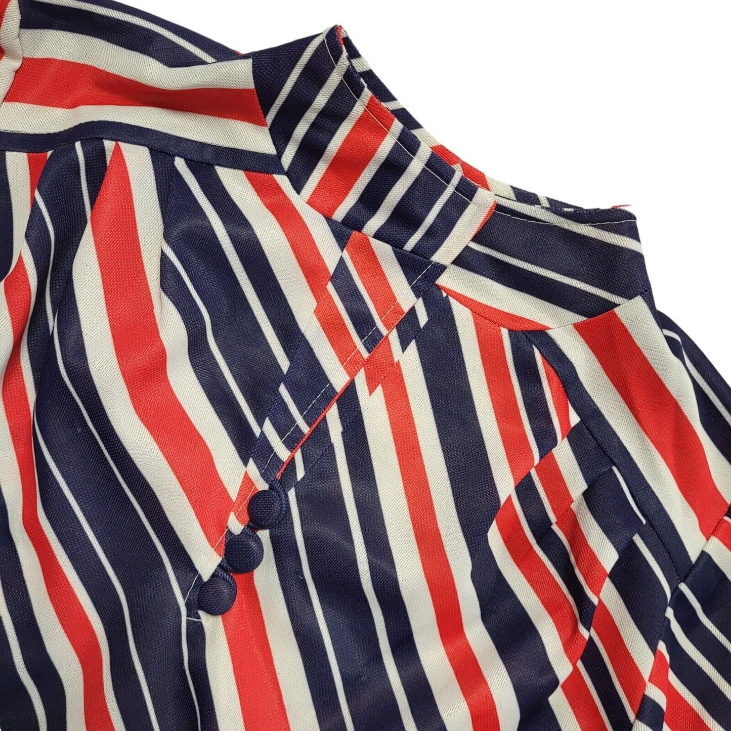70s Vintage Red, White & Blue Striped High Neck Shift Dress Women's 14