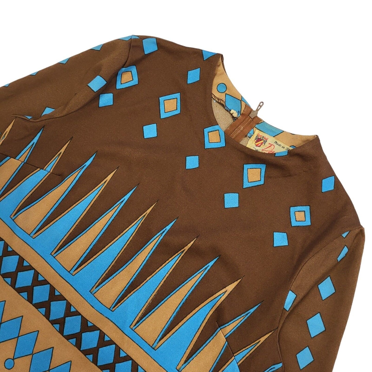 Ducale 60s Vintage Brown Blue Long Sleeve Geometric Shift Dress Women's Size 10