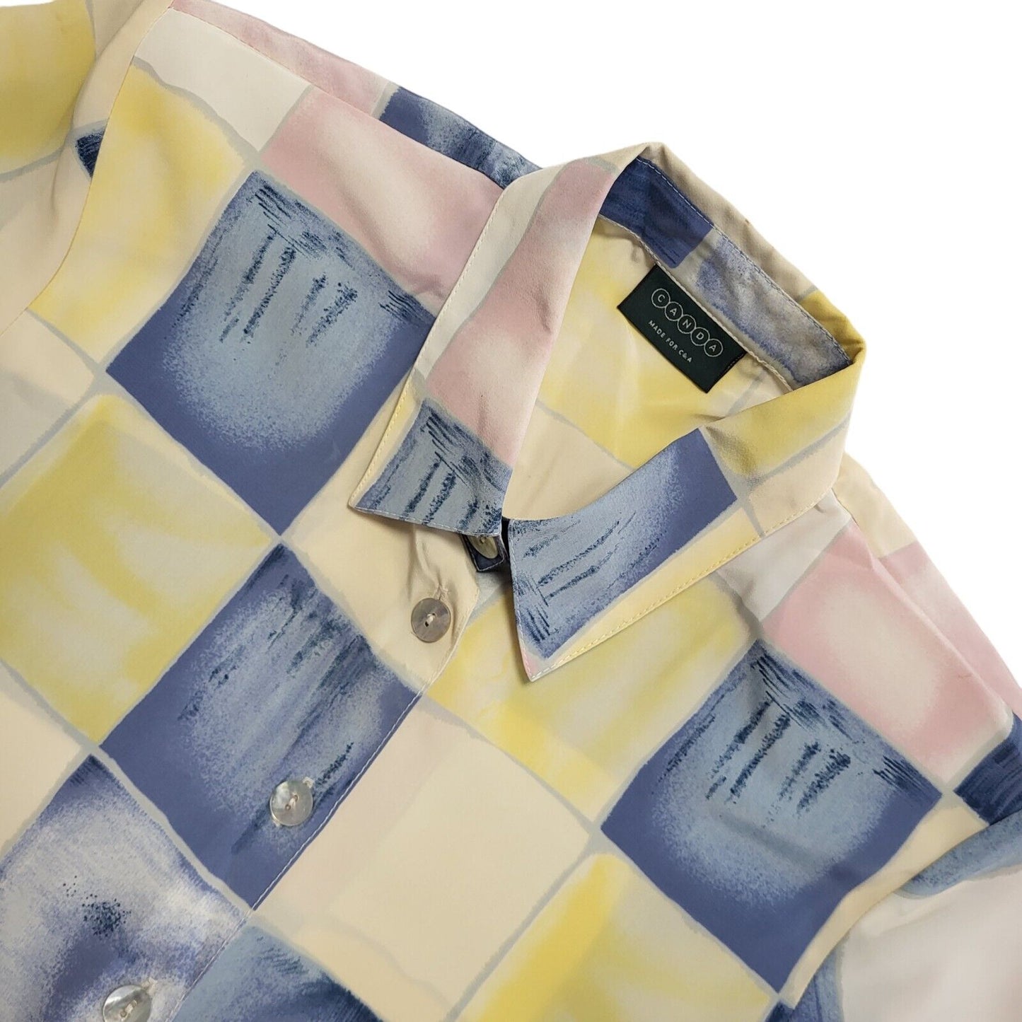 Canda Vintage 80s Abstract Check Mother Of Pearl Button Blouse Women's Uk 12