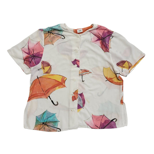 Lucia Vintage 90's White Umbrella Print Short Sleeve Shirt Womens UK 12